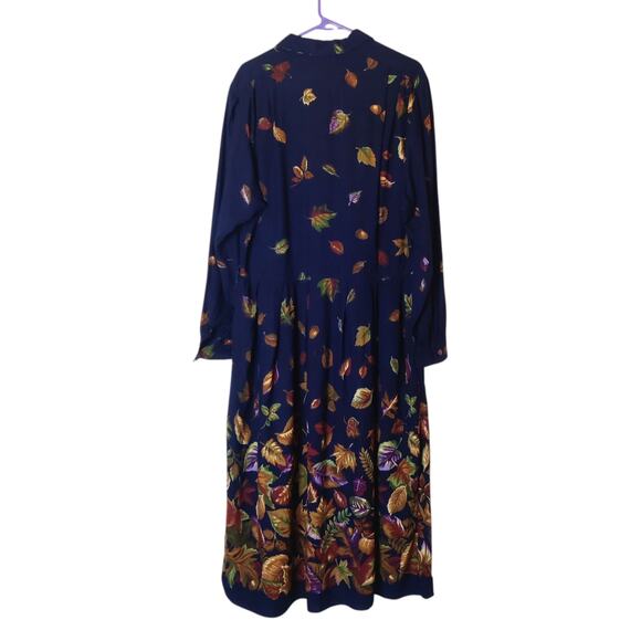 Vtg California Design Fall Autumn Leaf Print Long Sleeve Navy Blue Midi Dress 14 - Picture 2 of 13